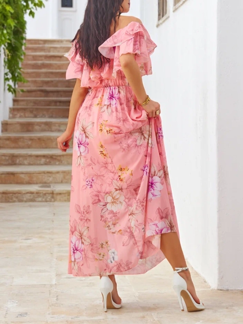 Royalfashion Жіноча сукня без плечей з короткими рукавами у різноманітних квітах