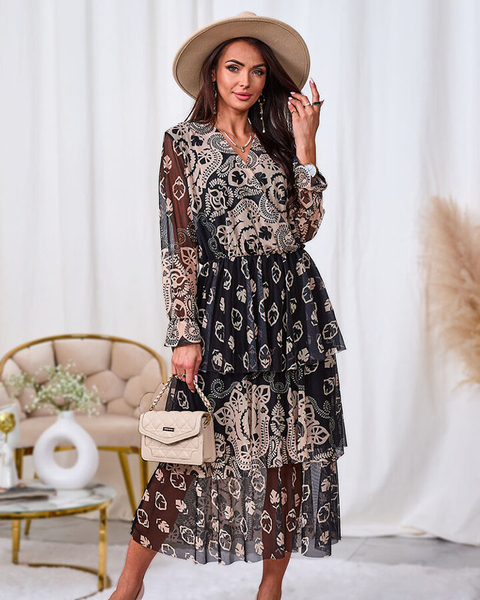 Royalfashion Schwarz-beiges Midikleid aus Mesh mit Print