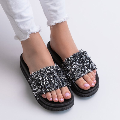 OUTLET Schwarze Damen-Plateau-Slipper mit Lomine-Zirkonia - Schuhe