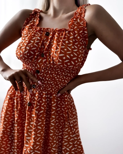 Knielanges Damenkleid mit Print in Orange- Kleidung