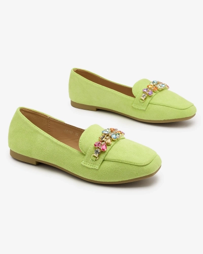 Royalfashion Neongrüne Damen Mokassins mit Kristallen Olkeri