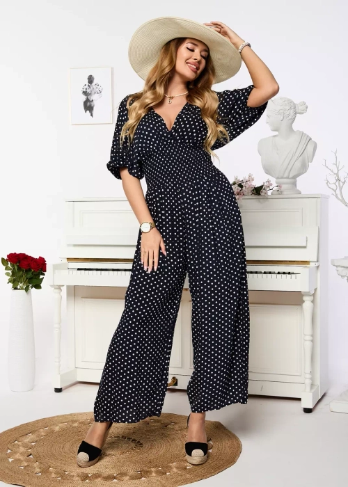 Темно-синій довгий жіночий костюм в горох - Одяг