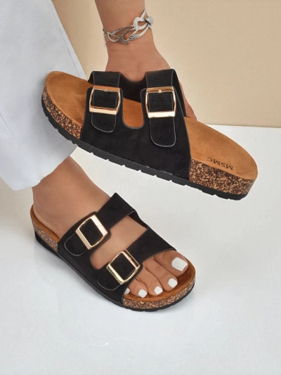 Damen-Pantoletten Letitia schwarz, Wildleder, flacher Absatz, italienisches Design