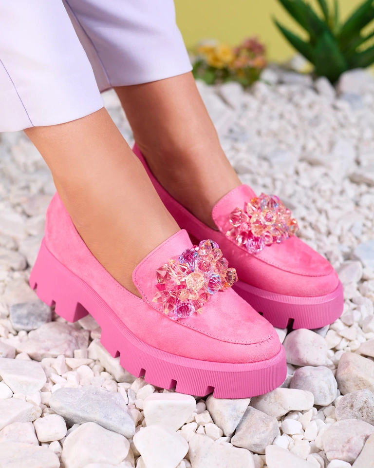 OUTLET Royalfashion Fuchsia Damen Mokassins mit bunten Kristallen Crystal Glam