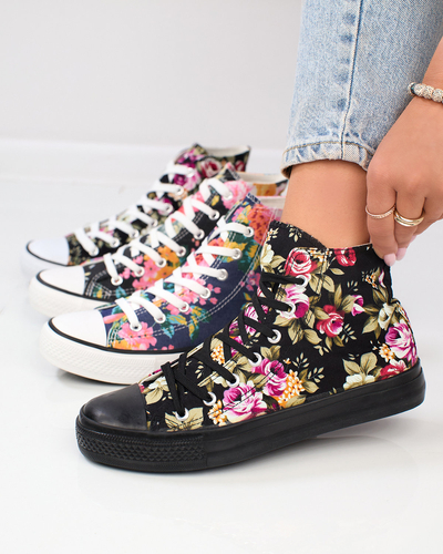 Жіночі високі чорні кеди Royalfashion з принтом у різнокольорові квіти Fahenna