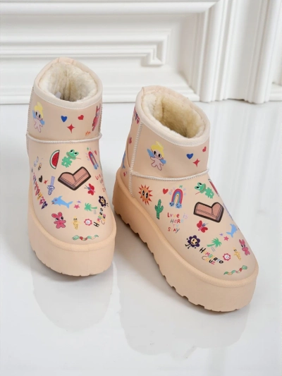 Gefütterte Callisto Angelico Stiefel mit Kinderzeichnungen auf Plateau Beige