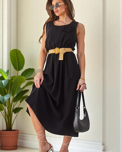 Royalfashion Damen-MIDI-Kleid mit Trägern, mit einem runden Ausschnitt und einer dekorativen Blume