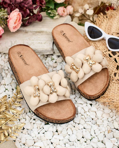 Royalfashion Damen Flip-Flops mit goldenen Teddybären und Blumen Isaralle