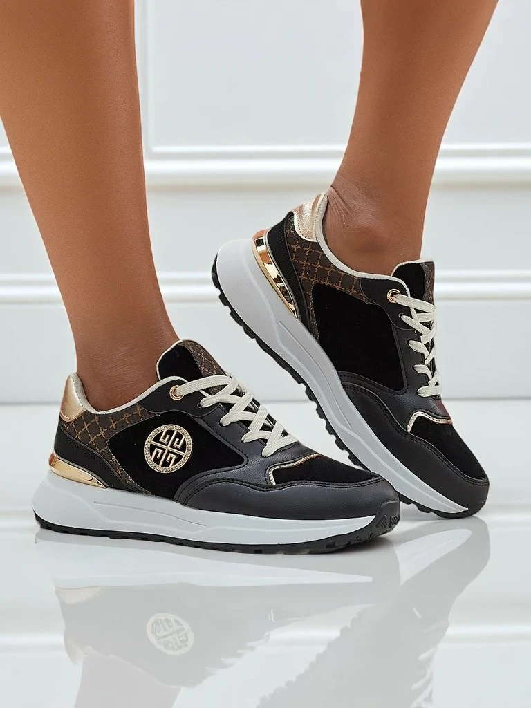 Damen Sneakers Polidora Nero Öko-Leder Schwarz Gold Frühling