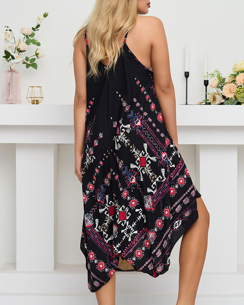 Чорне жіноче плаття з асиметричним подолом з принтом - Одяг