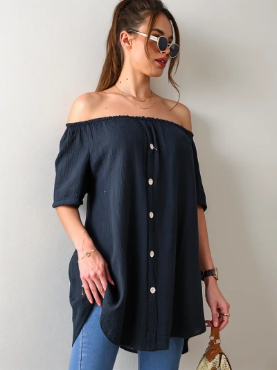 Royalfashion Baumwolle Damenbluse inspiriert vom spanischen Stil mit dekorativen Knöpfen