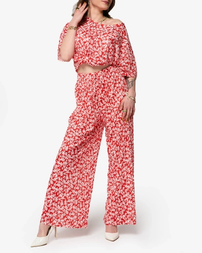 Rotes Damenset mit Plissee und schwarzen Blumen - Kleidung
