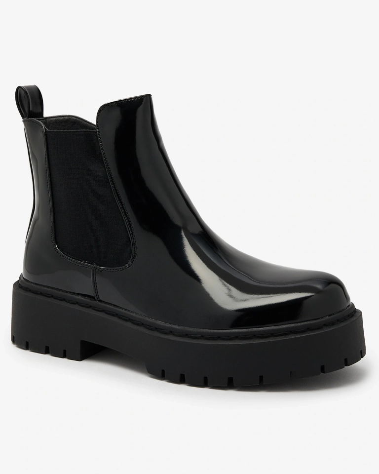 Royalfashion Schwarz lackierte Damenstiefel ohne Absatz Glossy Chic Stiefel