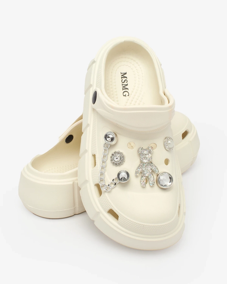 Royalfashion Cremefarbene durchbrochene Damen-Flip-Flops mit Zirkonia-Verzierungen Afuccia