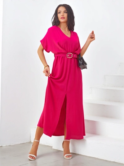 Royalfashion Damen-Midi-Kleid mit kurzen Ärmeln, V-Ausschnitt und mittigem Schlitz