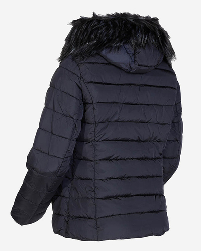Marineblaue Damen-Steppjacke mit Kapuze und Pelz- Kleidung