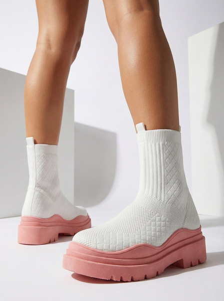 Weiße und rosafarbene Damenstiefel mit flachem Absatz Seritis - Footwear