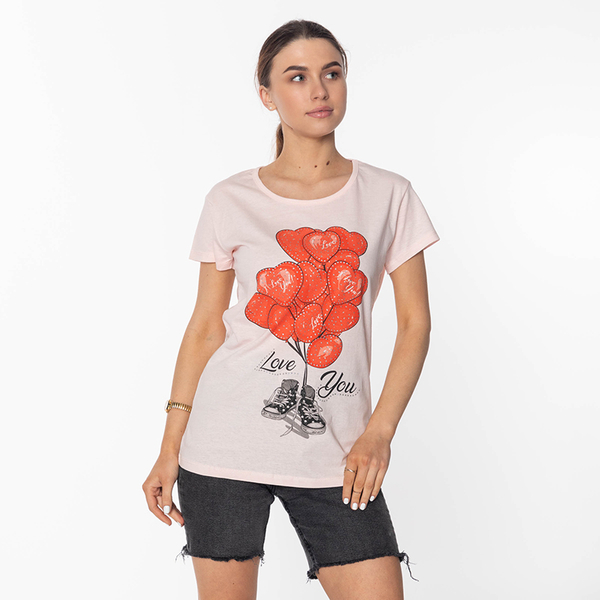 Rosafarbenes Damen-T-Shirt mit Aufdruck BALLOON - Kleidung
