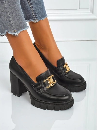 Damen Nero Aurora Pumps mit Blockabsatz und goldener Schnalle, Öko-Leder
