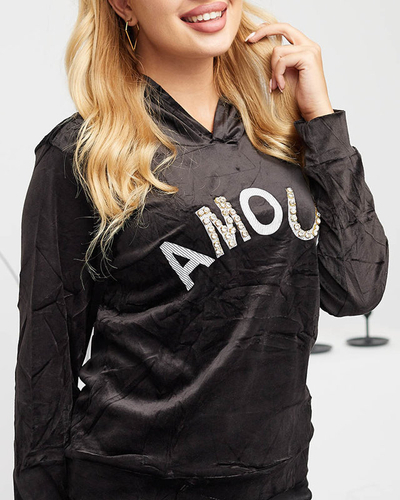 Чорний жіночий спортивний комплект з написом і кристалами - Одяг