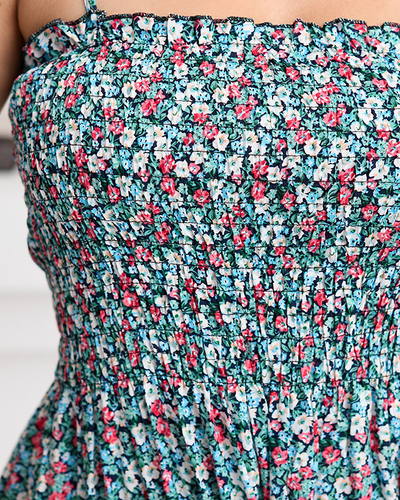 Квітчаста синьо-червона жіноча міні-сукня на бретелях - Одяг