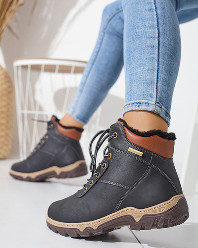 Schwarze Damen-Wanderschuhe mit Poritsu-Fell gebunden - Schuhe