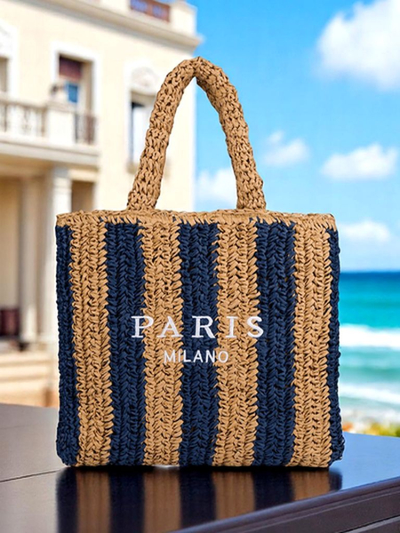 Royalfashion Große Strohtasche für Damen, Strohstreifen