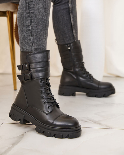 Royalfashion Eco Leder Damen Baggerstiefel in schwarz Faserti