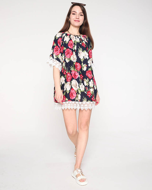 Marineblaue Damenbluse mit Blumen GROSSE GRÖSSE - Kleidung