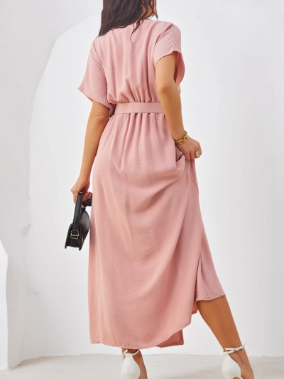 Royalfashion Damen Midi-Kleid mit kurzen Ärmeln, V-Ausschnitt und Schlitz in der Mitte