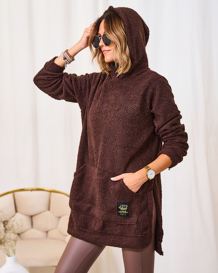 Royalfashion Dunkelbrauner Damen-Langpullover mit Kapuze