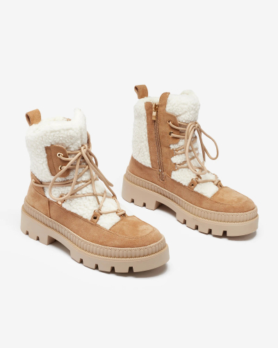 Royalfashion Beige Damen Trapperstiefel mit Schafsfell Getatsa