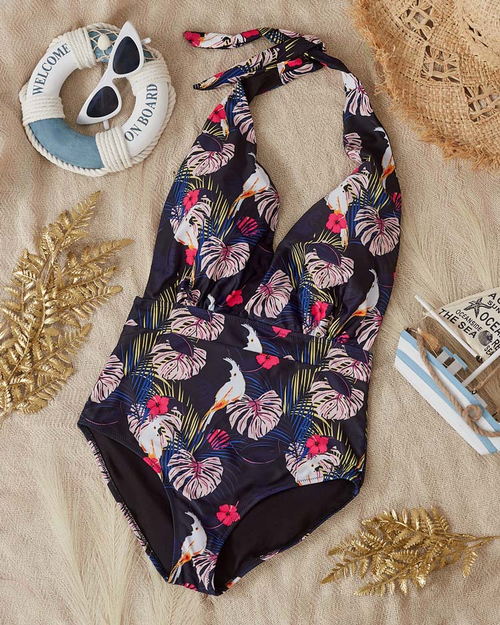 Чорно-рожевий суцільний жіночий купальник з візерунком - Одяг