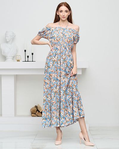 Langes orangefarbenes Sommerkleid für Damen mit blauen Blumen - Bekleidung