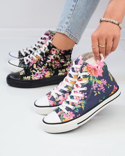 Royalfashion Damen hohe marineblaue Sneakers mit buntem Blumendruck Fahenna