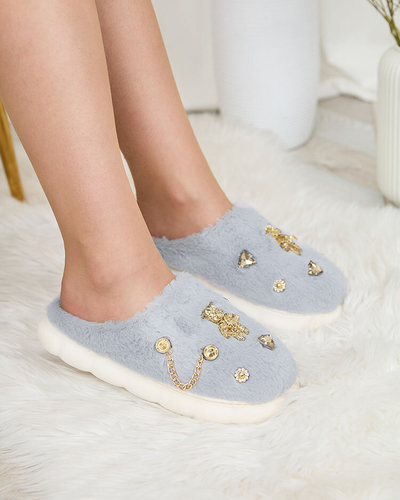 Royalfashion Blaue Damenpelzpantoffeln mit Ornamenten Erserra
