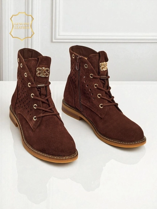 Aurelia Коричневі Замшеві Ботильйони з Хутром Ажурні Елегантні 2,5 см