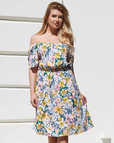 Blaues, knielanges Kleid mit mehrfarbigem Blumenmuster - Kleidung