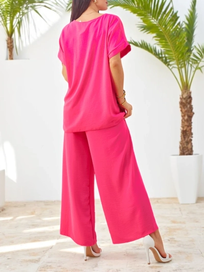 Royalfashion Damen Set mit kurzen Ärmeln, dekorativer Blume und weiten Hosen