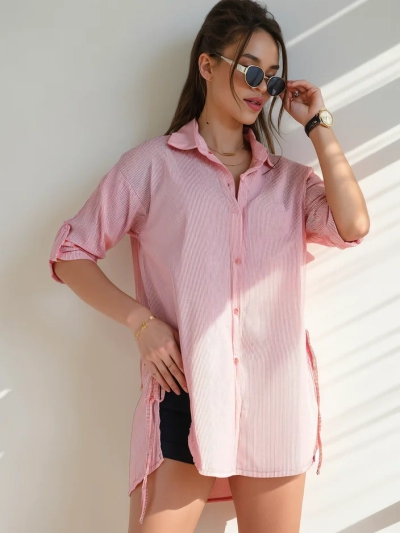Royalfashion Baumwoll-Langarmshirt für Damen mit Streifen und Taillenkordel