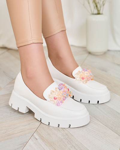 Royalfashion Weiße Damen Mokassins mit bunten Kristallen Crystal Glam