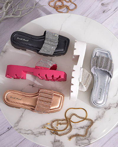 Silberne Damenpantoffeln mit Zirkonia Emkoy - Schuhe