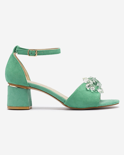 Grüne Damensandalen auf einem Pfosten mit dekorativen Kristallen Cerosso- Footwear