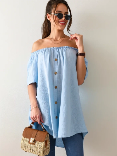 Royalfashion Damen Baumwollbluse im spanischen Stil mit dekorativen Knöpfen