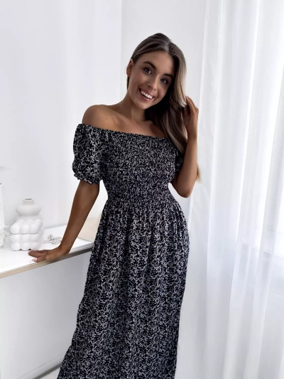 Schwarzes Midikleid mit Blumenmuster - Kleidung
