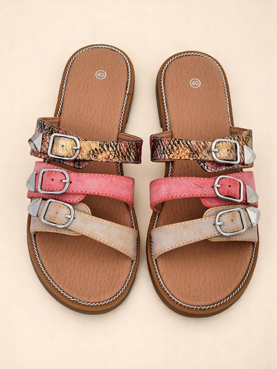 Royalfashion Damen Pantoletten Flache Sandalen Snake Chic