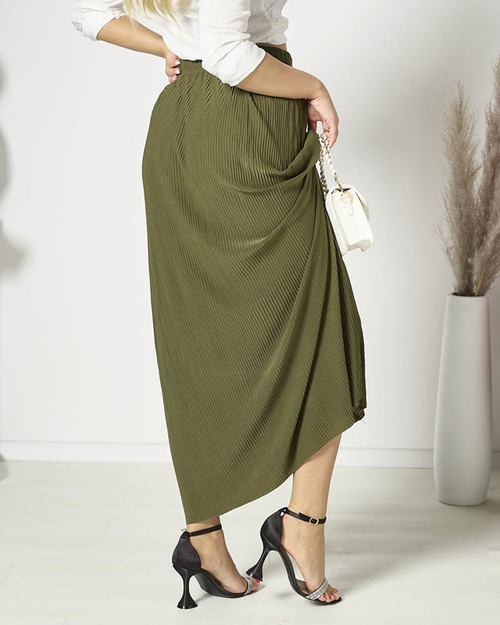 Темно-зелена жіноча плісирована спідниця максі на ґудзиках - Одяг