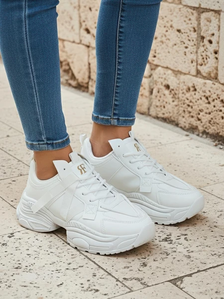 Damen weiße Sneakers Arete aus Öko-Leder, flacher Absatz, Frühlingskollektion