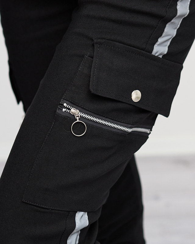 Schwarze Cargohose für Damen mit reflektierenden Streifen - Kleidung