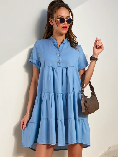 Royalfashion Damen-Tunika, genäht wie ein Kleid mit einem geknöpften Denim-Ausschnitt